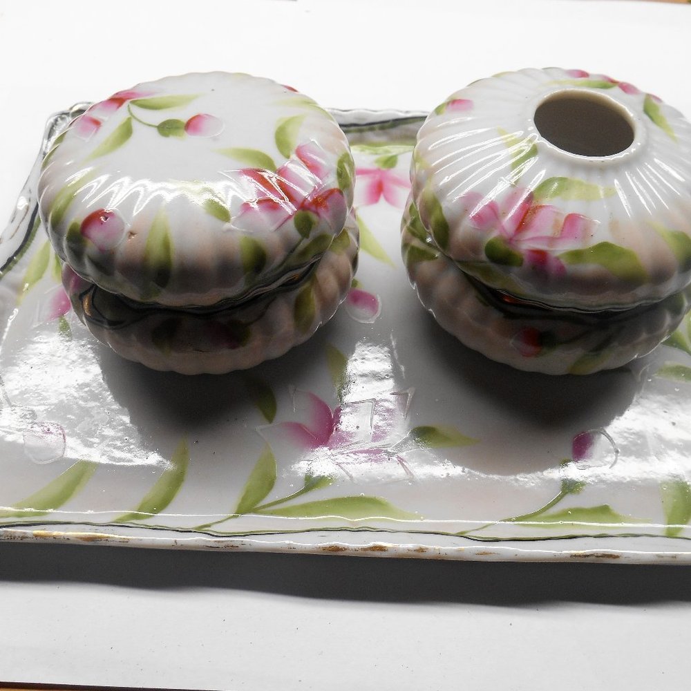 Vintage Japanese Hand Painted 3 Piece Porcelain Vanity Dresser Set
